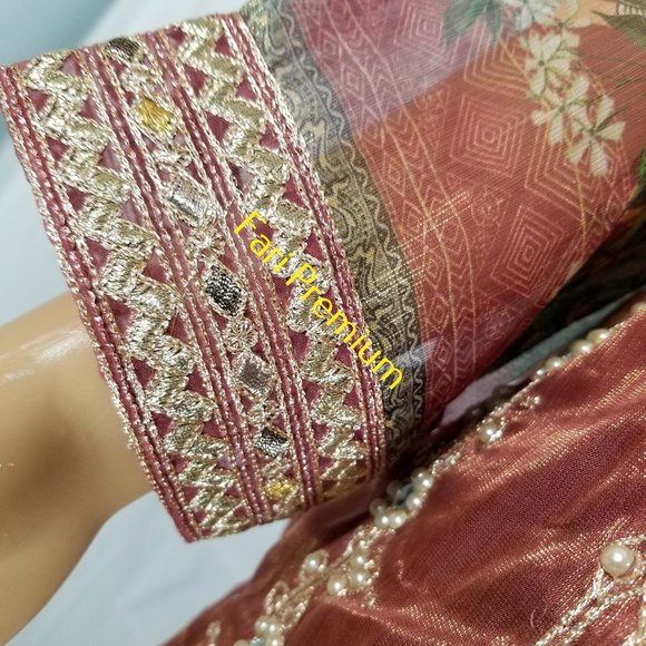 Pakistani Branded Fancy Embroidered Shaded Masuri 3-Piece Shalwar Kameez Orange - Picture 13 of 17